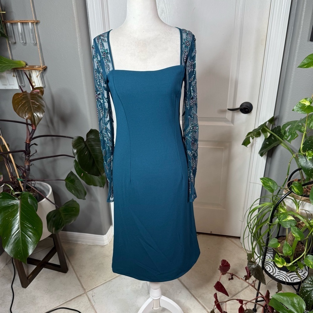 Adrianna Papell Teal Beaded Mesh Sleeve Midi Dress | Cocktail Evening